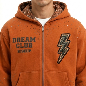 Ensemble de survêtement en coton imprimé pour homme, sweat à capuche zippé avec strass, pantalon de jogging streetwear à jambes larges - Product Image 5