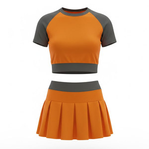 Conjunto de Uniforme de Porristas con Bloques de Color Naranja y Gris, Top Corto de Manga Corta con Falda Plisada, Ropa Deportiva para Mujer Adulta - Product Image 1