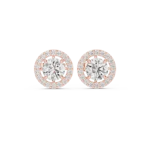 Boucles d'oreilles clous micro-pavées en diamant de laboratoire taille brillant rond, avec halo, en or massif 18 carats, bijoux fins pour femme, accent cercle étincelant - Product Image 3