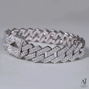 925 Sterling <b>Silver</b> Gold Plated Hip Hop Moissanite Wide Link <b>Bangle</b> <b>Bracelet</b> with Round Brilliant Cut for Wedding Party Gifts - Product Image 2