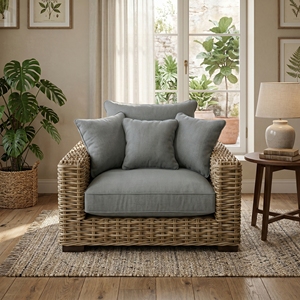 Fauteuils Saint Martinez en bois d'acajou et rotin Kuboo gris tressé, fauteuil en tissu gris épais, mobilier de patio haut de gamme pour resort - Product Image 2