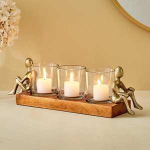 Modern Decorative Triple Glass Candle <b>Holder</b> with Wooden Base and Golden Figurine Accents Tabletop <b>Tealight</b> Stand for Home Decor - Product Image 1