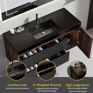 Mobile bagno Grace da 48 pollici in noce, sospeso a parete, con lavabo in quarzo nero opaco e ante con cassetti neri opachi - Product Image 3