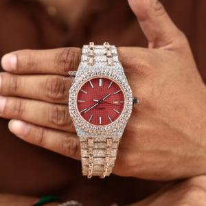 Reloj de Lujo para Hombre, Completamente Cubierto de Diamantes Moissanite, Esfera con Diseño de Barra, Tono Oro Rosa, Acero Inoxidable, Estilo Hip Hop, Brillante - Product Image 1