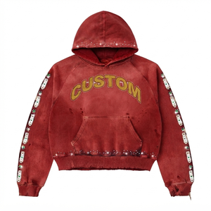Custom Rhinestone Embossed Zipper-Up Hooded <b>Sweatshirt</b> <b>Red</b> Oversized Regular Fit Unisex Fleece Winter Solid Eco-Friendly - Product Image 1