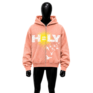 เสื้อฮู้ดซิปพิมพ์ลาย Holy Sun Bird สีพีช ทรงโอเวอร์ไซส์ สไตล์วินเทจ สตรีทแวร์ ลายพิมพ์แบบดิสเทรส เสื้อฮู้ดลำลอง ยูนิเซ็กส์ ทรงพอดีตัวสไตล์คนเมือง - Product Image 1