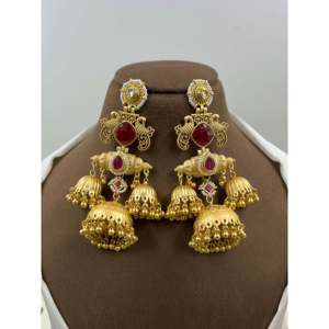 Vintage Indian Ethnic Drop <b>Earrings</b>-Aarika Kashmiri <b>Pearl</b> & <b>Diamond</b> Copper Alloy Jewellery for Party - Product Image 4