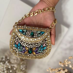 Sac de rangement artisanal en gros, pochette chic en pierre Kundan indienne, pochette de soirée, mariage, ethnique, en métal, sac à main royal de mariée - Product Image 1