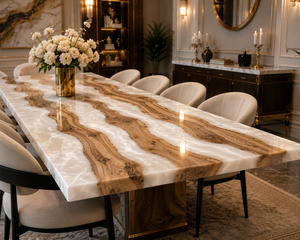 Table à manger en résine époxy blanc nacré, table rivière faite à la main, décoration moderne de luxe, mobilier de bureau exécutif - Product Image 2