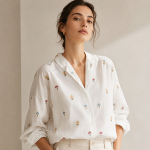 Women White Cotton Shirt Full Sleeve Colorful Mini Floral Embroidery V Neck <b>Loose</b> Casual <b>Dresses</b> Blouse for Wholesale - Product Image 4