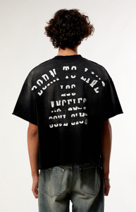 Black Regular Fit Men's T-Shirt White Letter Distressed Embroidery Sun Faded Short Sleeve <b>Turtleneck</b> Street Style 100% Cotton - Product Image 2