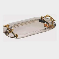 Plateau décoratif rectangulaire en métal avec poignées florales dorées, design traditionnel, emballage individuel, thème fruits, motif nature morte