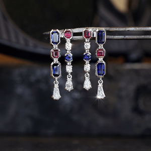 Pendientes de Oro Sólido de 18k con Doble Gota de Diamante Cultivado en Laboratorio, Zafiro de 1.47ct-0.29ct y Rubí de 0.77ct, Calidad Increíble - Product Image 1