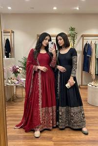 Women Traditional Black Silk Salwar Kameez With Embroidered Dupatta Floor-Length Loose Fit <b>Wedding</b> Wear India Pakistan Style - Product Image 3