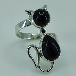 Anillo de Ónix Negro con Forma de Gato, Plata de Ley 925, Hecho a Mano, Estilo Boho, Anillo de Promesa para Mujer, Ónix Negro Natural, Piedra de Nacimiento de Julio - Product Image 3