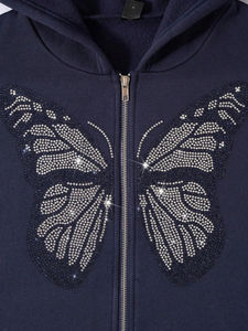 Sudadera con capucha y cremallera de estilo urbano con pedrería de mariposa, extragrande, con gráfico gótico de cristal y diamantes, unisex, estilo punk, para descansar, tallas grandes - Product Image 4