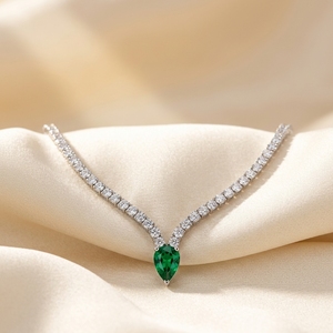 Pear Cut Emerald Drop V-Shaped Tennis Necklace with Lab Grown Diamonds 14K White Gold for Wedding - Product Image 1