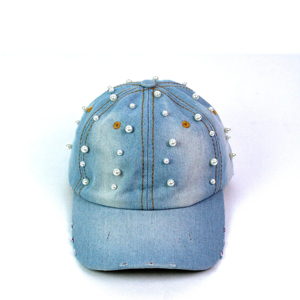 Casquette de baseball en denim sergé bleu clair délavé avec clous perlés et fleurs brodées, tissu courant, unisexe - Product Image 3