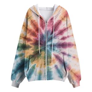TieDye Zip Up Hooded Fleece Jacket Women Long Sleeve Full Length Regular Fit Autumn Wear With Kangaroo Pocket Polyester <b>Material</b> - Product Image 1
