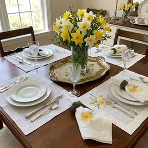 Custom Classic Washable Reuse Embroidery Yellow Flower <b>Placemats</b> Napkins Sets 100% Hemstitch Linen Mats for Home Wedding Events - Product Image 4