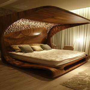Cama con dosel de madera curvada de estilo vanguardista, con líneas fluidas y telas estampadas integradas. Disponible a precios de mayorista. - Product Image 2