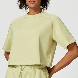 Conjunto Deportivo Casual de Dos Piezas para Mujer, Ecológico, 100% Algodón, Manga Corta, Pantalones Cortos con Cordón, Bolsillo, Secado Rápido, Transpirable, Color Sólido - Product Image 2