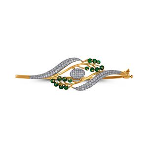 Elegant Women's 18K Yellow Gold <b>Bangle</b> <b>Bracelet</b> with Flowing Leaf-Inspired Design Lab Grown Diamond Pav Rich Green Color 11.2g - Product Image 2