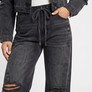 Women's Black Distressed <b>Denim</b> <b>Jacket</b> Set Long Sleeve Ripped Casual <b>Denim</b> Two Piece Women Street Style Jeans Set - Product Image 3