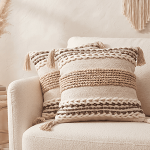 20 x 20 Inches Beige Cotton & Wool Tassel Cushion <b>Cover</b> Boho Decorative Square <b>Throw</b> Pillow for Sofa & <b>Bed</b> - Product Image 1