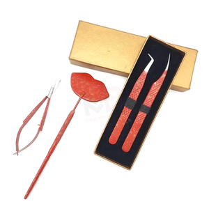 Ensemble de pinces à épiler professionnelles de qualité supérieure en acier inoxydable pour extensions de cils, rouge or, poignée diamant, outils de beauté faits à la main - Product Image 2