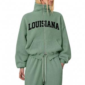 Custom White Fleece Tracksuit Set Full Zip <b>Stand</b> Collar Loose Fit With California Print Front Pocket Winter Wear for Adult - Product Image 6