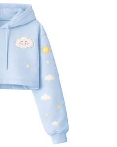 <b>Women</b> Light <b>Blue</b> Crop <b>Hoodie</b> Shorts Set Cute Cloud Print Casual Two Piece Outfit Cotton Fleece Lounge Wear Custom Wholesale - Product Image 2