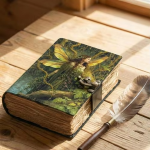 Handmade Fairy Leather Journal <b>Book</b> of Shadows with Lock Classic Vintage Wiccan Grimoire Notebook 200 Pages Deckle Edge Paper - Product Image 1