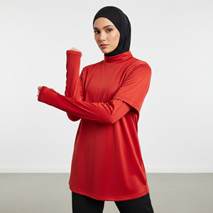 Haut de sport modeste pour femmes musulmanes, épaules tombantes, manches intérieures avec trous pour les pouces, UPF50+, respirant, pour le fitness et la course à pied - Product Image 1