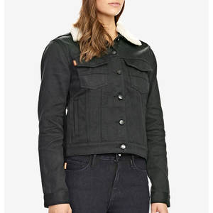 Veste en jean noire d'hiver pour femme avec col en fausse fourrure et fourrure de léopard, respirante, entièrement personnalisable, en coton tricoté - Product Image 4