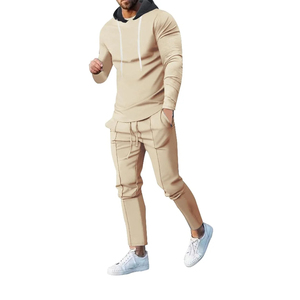 Men's Beige <b>Hooded</b> Tracksuit Full Length Sweat Suit Joggers Set Solid Color Casual Wear Breathable Polyester Cotton Spring Style - Product Image 1