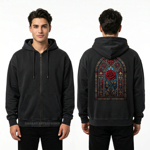 Sudadera con capucha y cremallera completa de peso pesado, estilo streetwear, negra personalizada con efecto lavado al carbón, con estampado gráfico de ventana de vitral de rosas - Product Image 1
