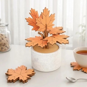 Maple Leaf Solid Wood Coaster Handcrafted Heat Resistant Drink Mat <b>Table</b> <b>Protector</b> Coffee Tea Cup Holder Autumn Home Decor - Product Image 3