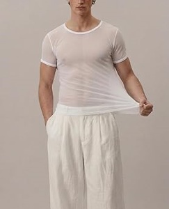 Camiseta de malla blanca personalizada para hombre, de manga corta, cuello redondo, ajuste slim, tejida, transpirable, informal, estilo red de pesca - Product Image 4