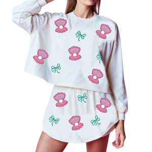 Conjuntos de Falda Corta de Algodón con Lentejuelas y Perlas Bordadas con Temática de Ostras, Estilo Casual, Personalizados, para Mujeres y Chicas Jóvenes - Product Image 5