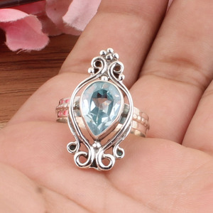 Bague d'anniversaire vintage en argent sterling 925 sertie de topaze bleue, style Art déco, filigrane, bande londonienne, style antique pour femmes - Product Image 5