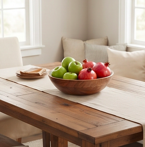 Bol en bois Japandi avec motif géométrique bleu, artisanat en acacia, plat de service pour salade, pour utilisation sur la table - Product Image 5