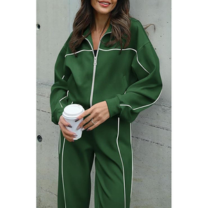 Conjunto Deportivo Verde de Dos Piezas, Chaqueta con Cierre Completo y Manga Larga, Corte Holgado, Franja Lateral, Ropa Deportiva Informal para Todas las Temporadas, Tejido de Poliéster - Product Image 2