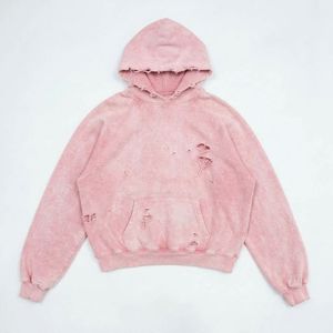 <b>Pink</b> Oversized Crop <b>Hoodie</b> Tie-Dye Cotton French Terry Unisex Pullover With Pocket And Distressed Details Autumn Style - Product Image 1