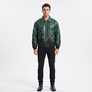 Blouson Bomber Homme Blanc en Cuir Véritable Dumela avec Imprimé Flamme Bleue, Col Rabattu, Fermeture à Bouton Unique, Style Moto Automne, Séchage Rapide - Product Image 2