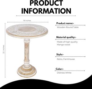 Woodify End <b>Table</b> for Bedroom or Living Room Round <b>Side</b> <b>Table</b> Hand Carved Mango Wood Decorative Pedestal <b>Rustic</b> Distress White - Product Image 2