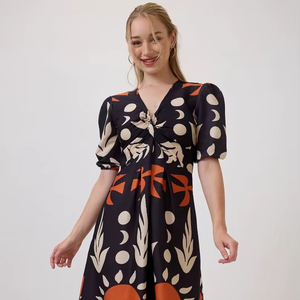 Vestido Midi Formal Holgado Estilo Americano de Verano para Mujer, Estampado Floral, con Cordones, Ecológico, Transpirable, Diseño Elegante - Product Image 1