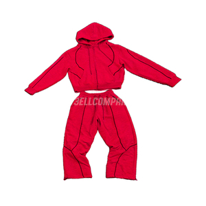 Men <b>Red</b> Hooded Sweatsuit Set Full Zip Sweatshirt and Jogger Pants Solid Color Casual Loose Fit Sweatsuit - Product Image 1