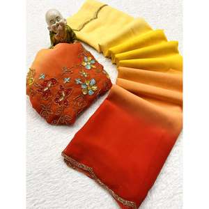 FANTAISIE GEORGETTE TRAVAIL À LA MAIN BORDER SAREE AVEC CHEMISIER NON COUDU MULTI - Product Image 1