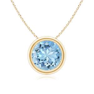 14k <b>Solid</b> <b>Gold</b> Bezel-set Round Brilliant Cut Natural Aquamarine Solitaire <b>Pendant</b> Necklace Everyday Wear IGI Certified <b>Pendant</b> - Product Image 1